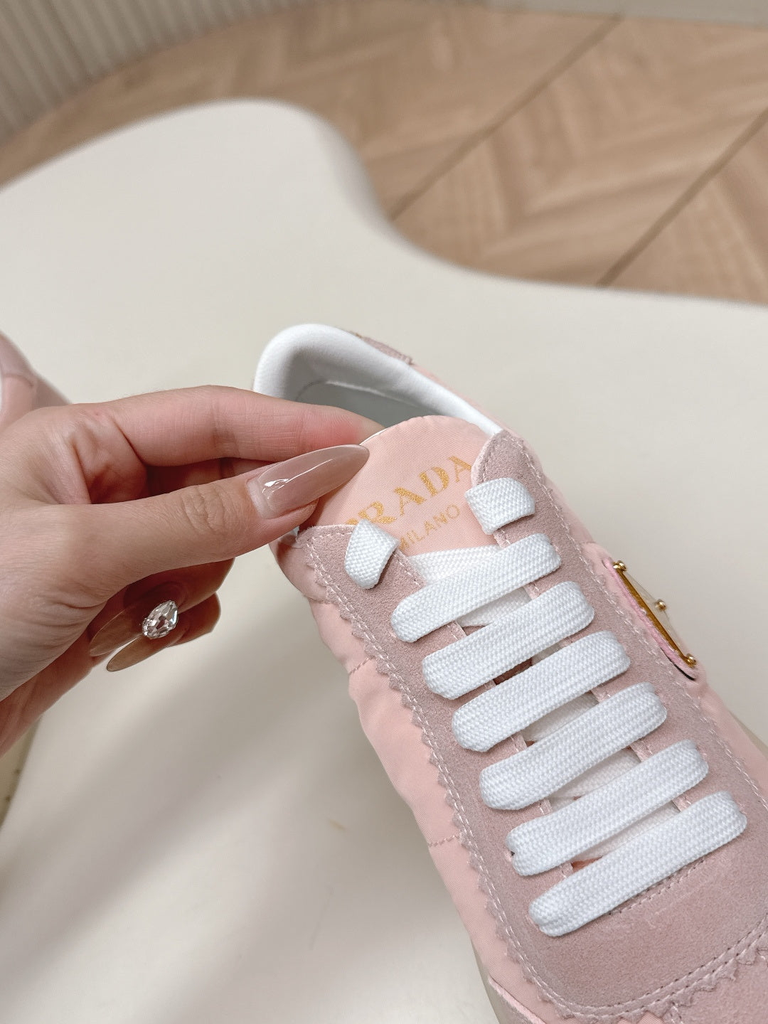 PRADA 26S PLATFORM SNEAKERS 50MM IN BLUSH PINK NYLON AND SUEDE