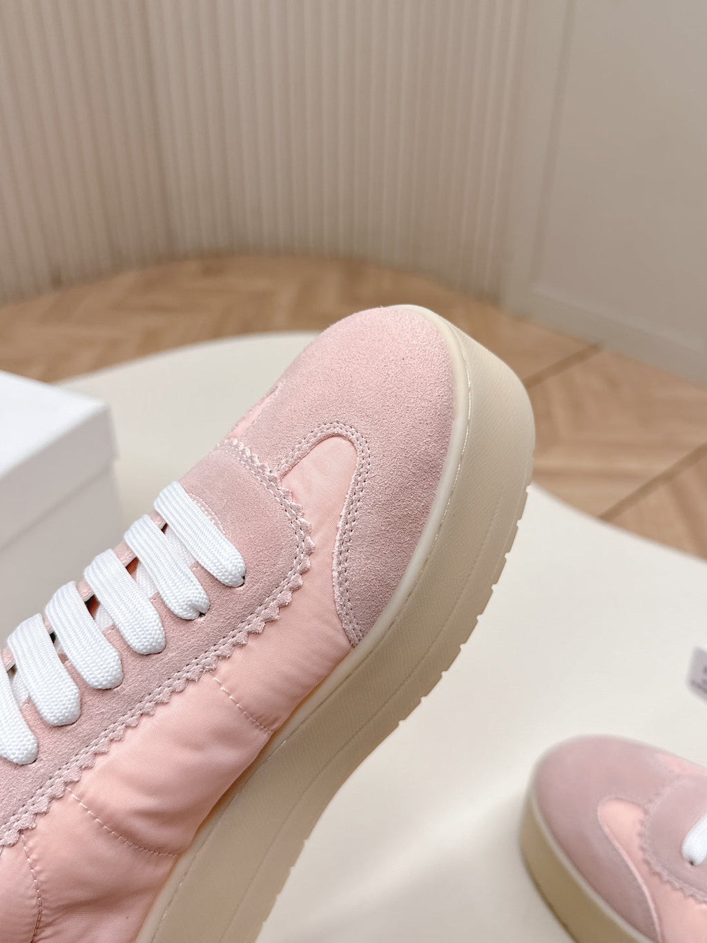 PRADA 26S PLATFORM SNEAKERS 50MM IN BLUSH PINK NYLON AND SUEDE