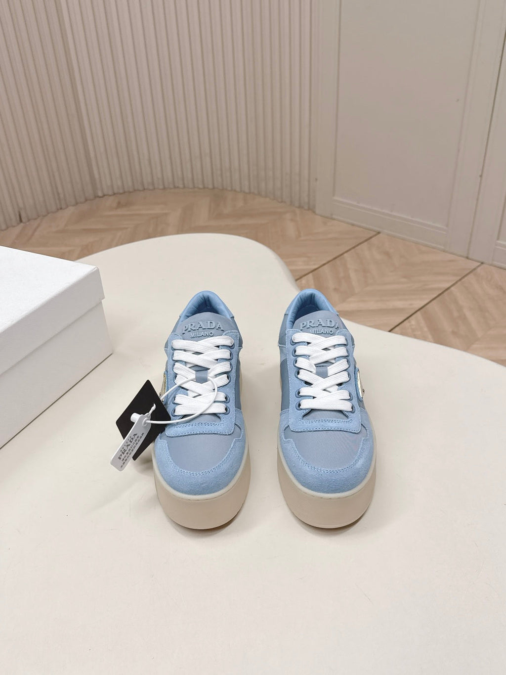 PRADA 26S PLATFORM SNEAKERS 50MM IN SKY BLUE SUEDE