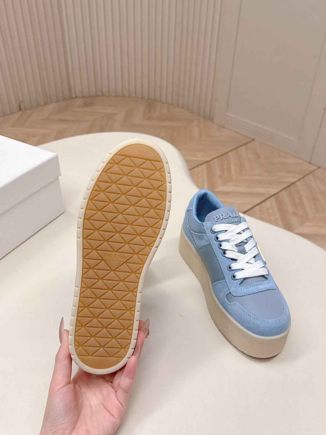 PRADA 26S PLATFORM SNEAKERS 50MM IN SKY BLUE SUEDE