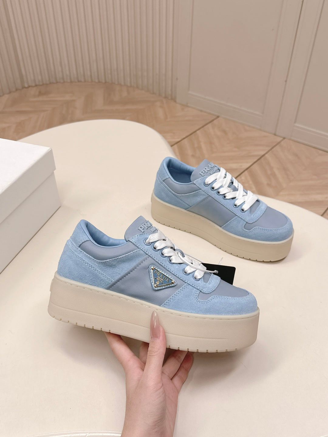 PRADA 26S PLATFORM SNEAKERS 50MM IN SKY BLUE SUEDE