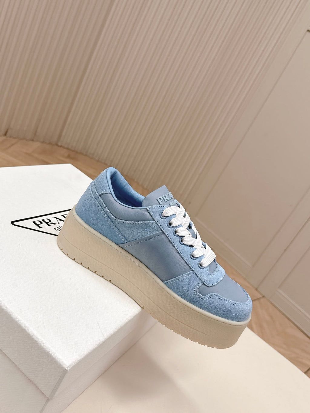 PRADA 26S PLATFORM SNEAKERS 50MM IN SKY BLUE SUEDE
