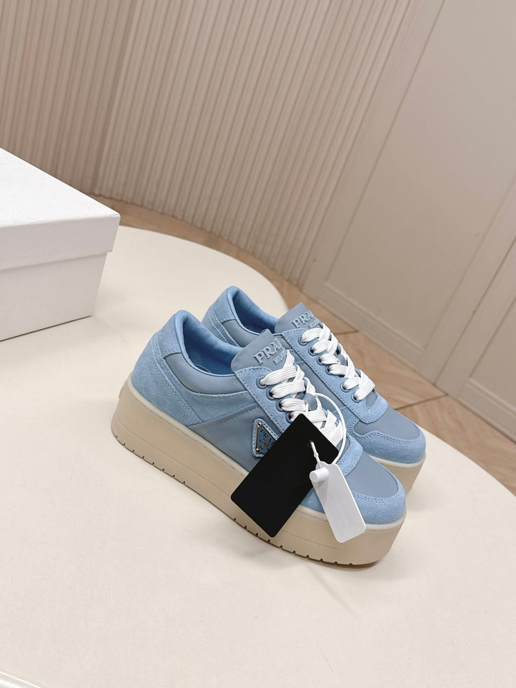 PRADA 26S PLATFORM SNEAKERS 50MM IN SKY BLUE SUEDE