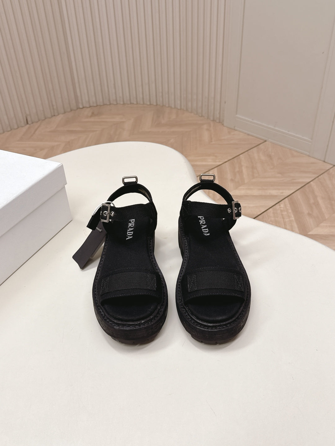 PRADA 26S SINGLE STRAP CHUNKY SOLE SANDALS IN BLACK CANVAS