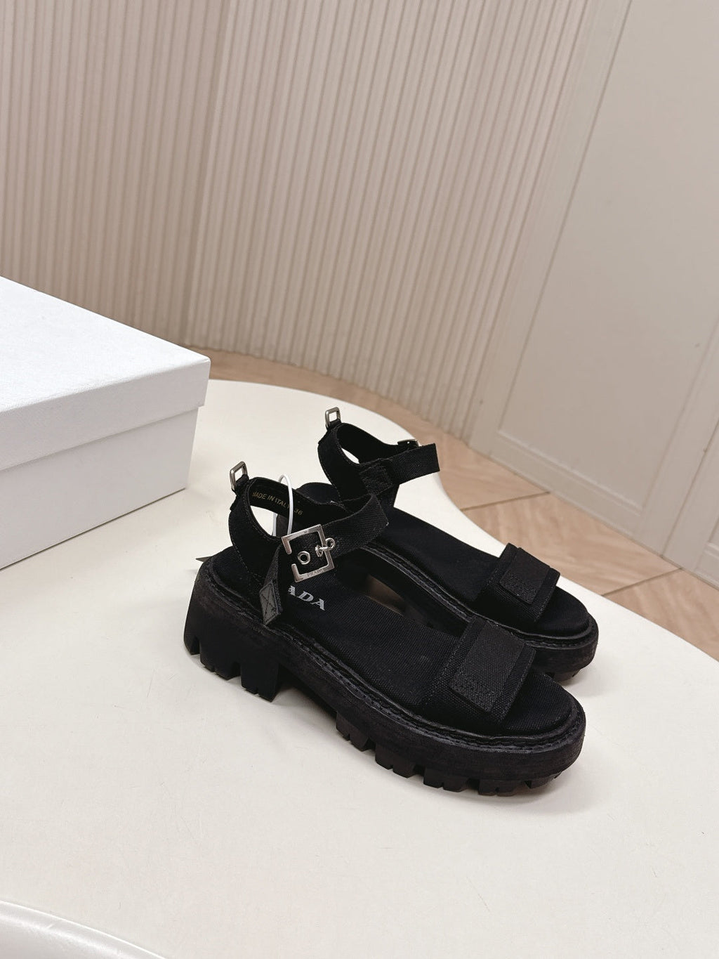 PRADA 26S SINGLE STRAP CHUNKY SOLE SANDALS IN BLACK CANVAS