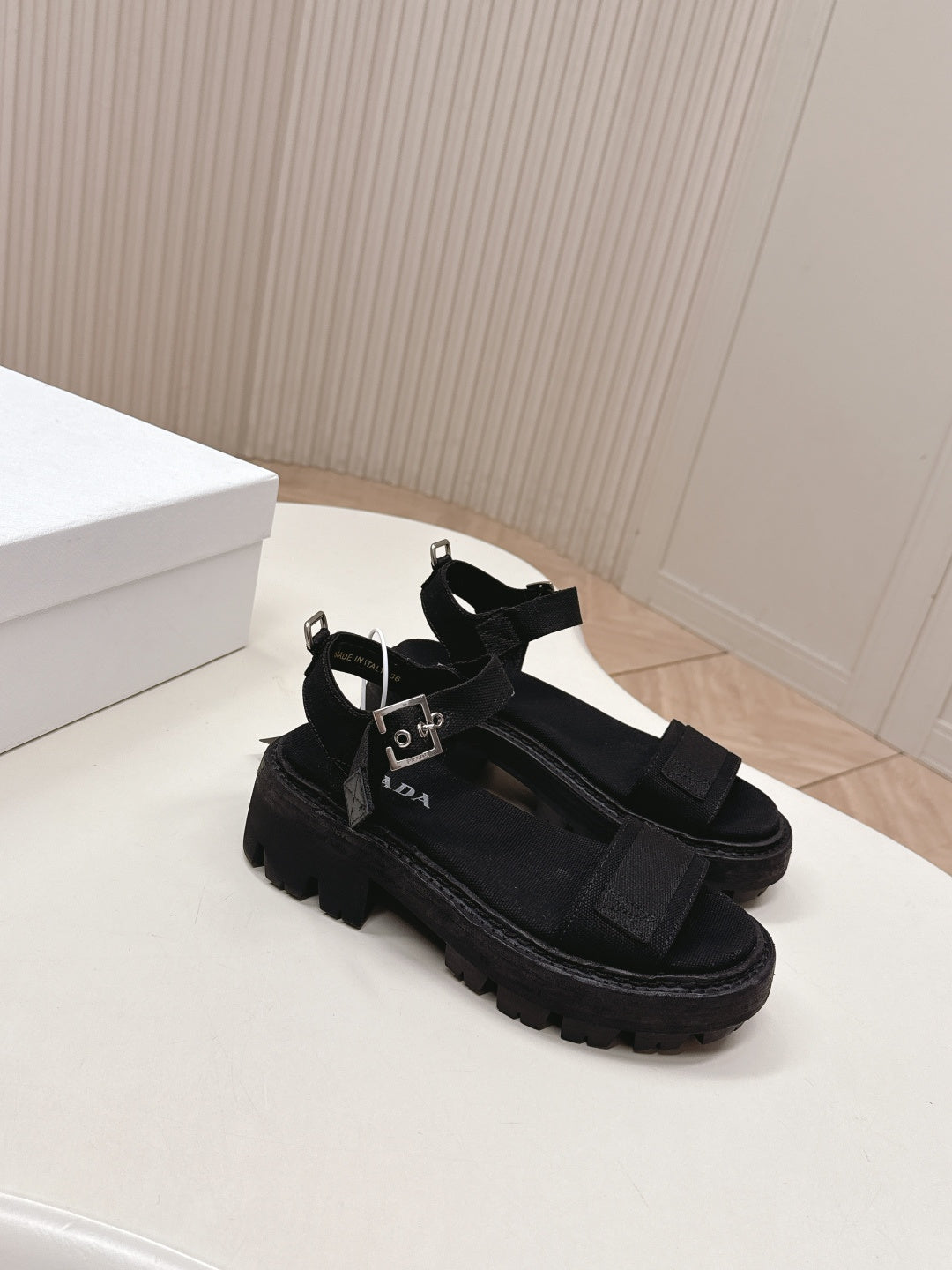 PRADA 26S SINGLE STRAP CHUNKY SOLE SANDALS IN BLACK CANVAS