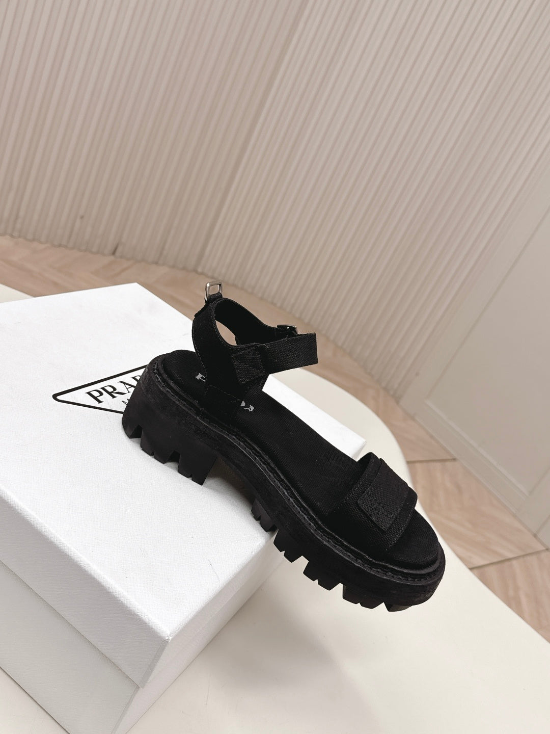 PRADA 26S SINGLE STRAP CHUNKY SOLE SANDALS IN BLACK CANVAS