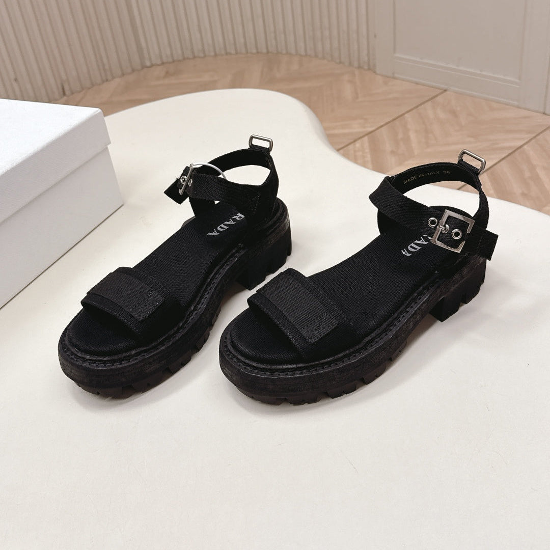 PRADA 26S SINGLE STRAP CHUNKY SOLE SANDALS IN BLACK CANVAS