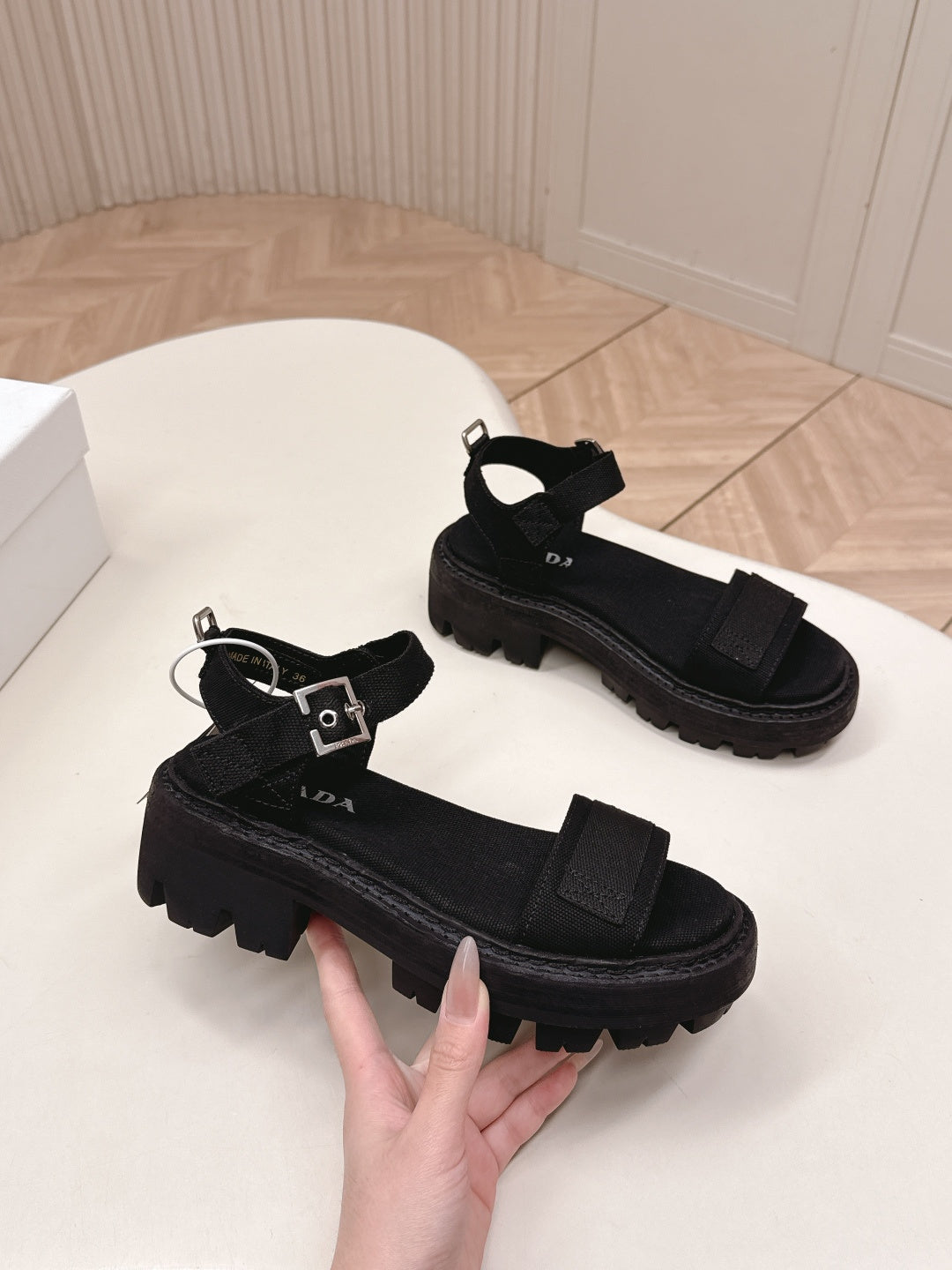 PRADA 26S SINGLE STRAP CHUNKY SOLE SANDALS IN BLACK CANVAS