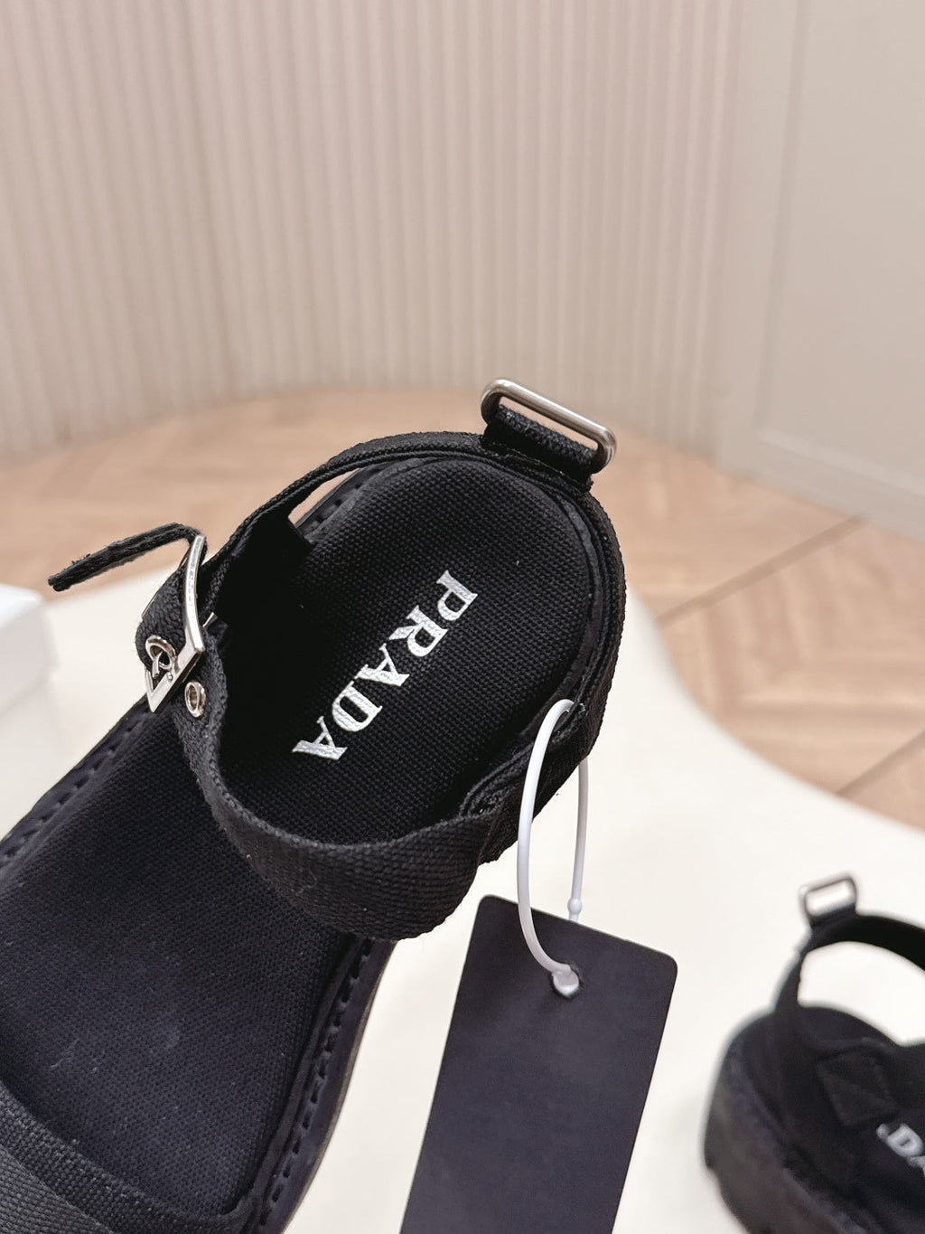 PRADA 26S SINGLE STRAP CHUNKY SOLE SANDALS IN BLACK CANVAS