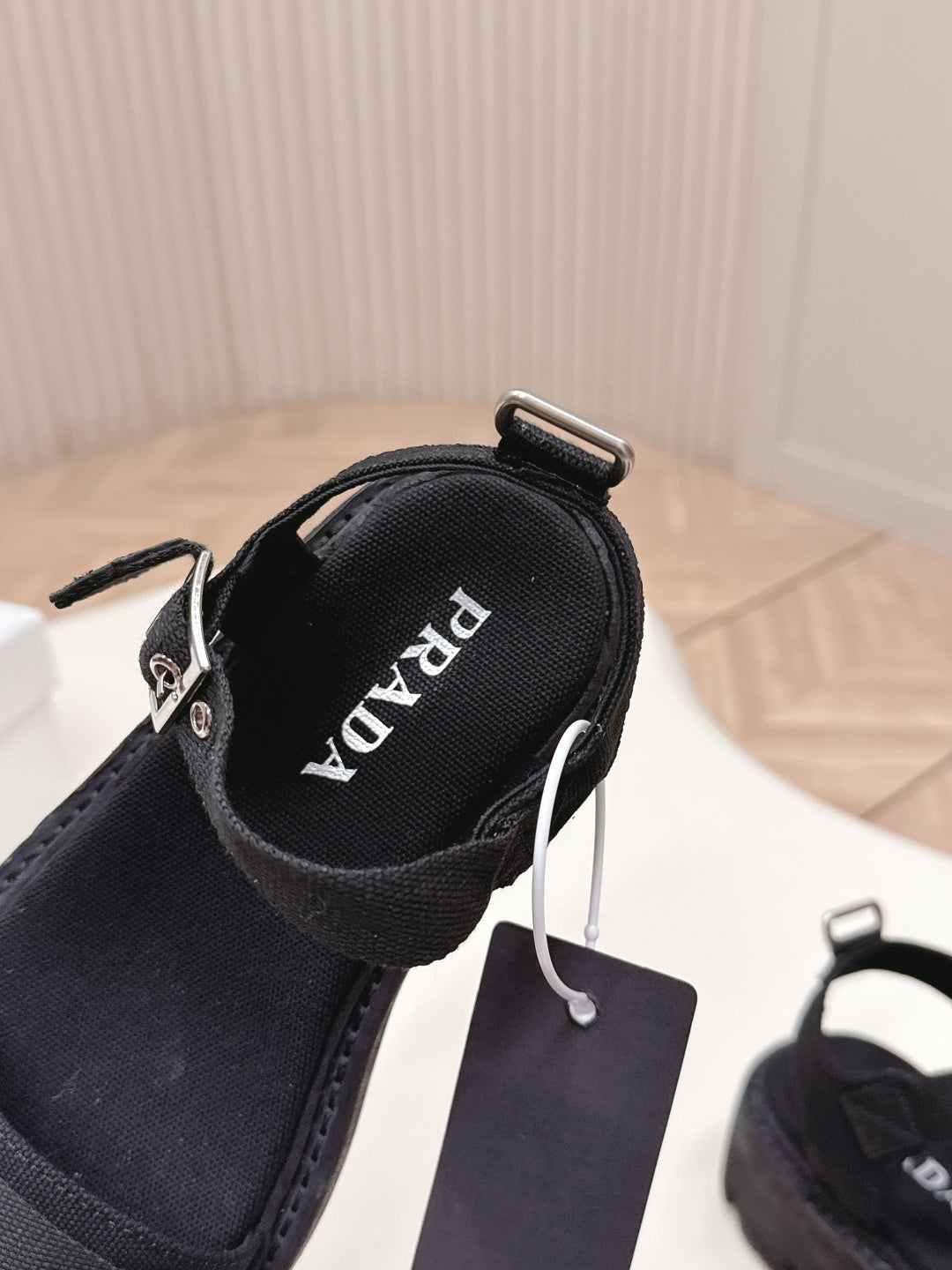 PRADA 26S SINGLE STRAP CHUNKY SOLE SANDALS IN BLACK CANVAS