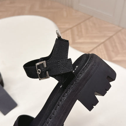 PRADA 26S SINGLE STRAP CHUNKY SOLE SANDALS IN BLACK CANVAS