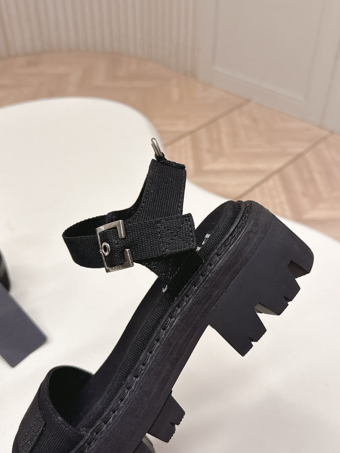 PRADA 26S SINGLE STRAP CHUNKY SOLE SANDALS IN BLACK CANVAS