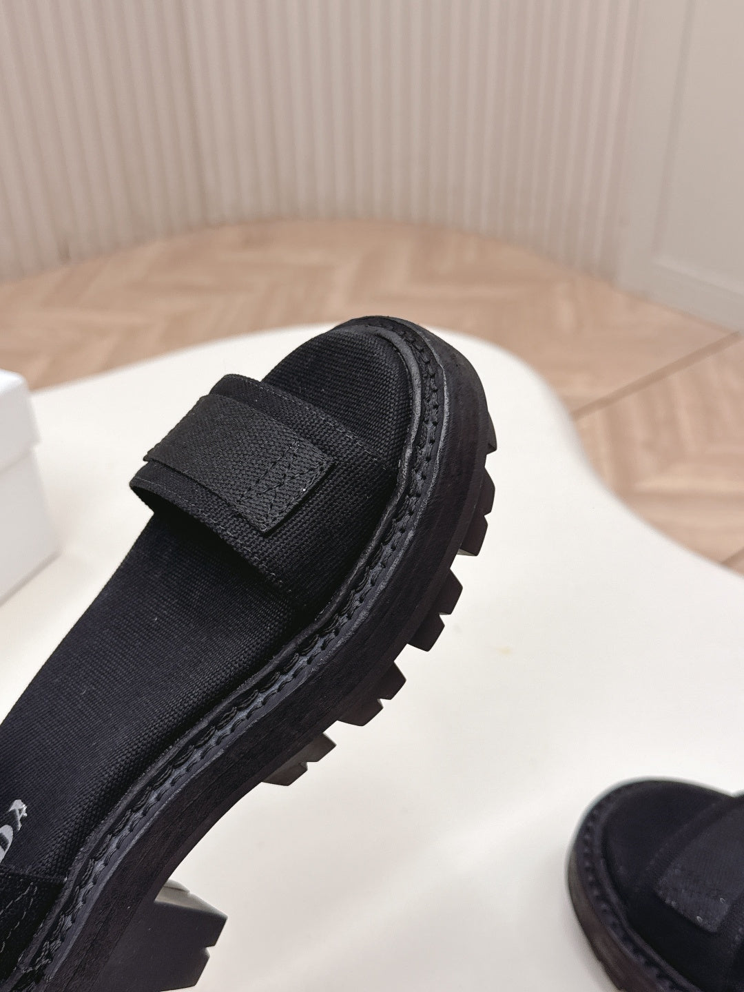 PRADA 26S SINGLE STRAP CHUNKY SOLE SANDALS IN BLACK CANVAS