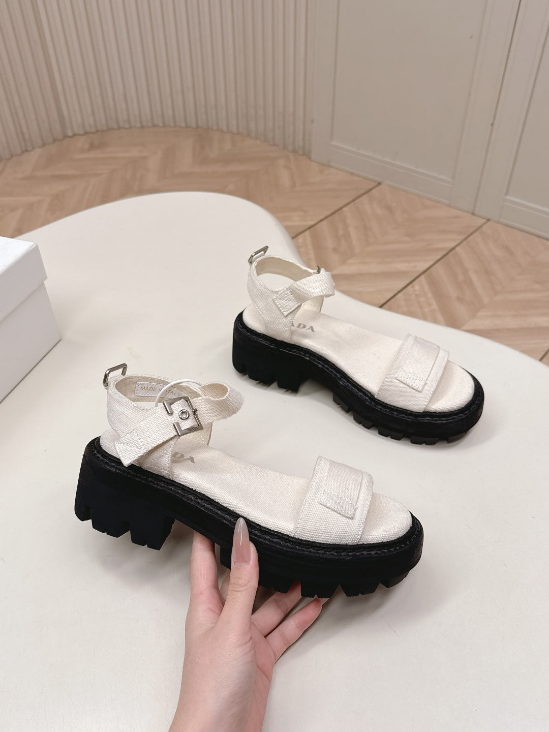 PRADA 26S SINGLE STRAP CHUNKY SOLE SANDALS IN WHITE CANVAS