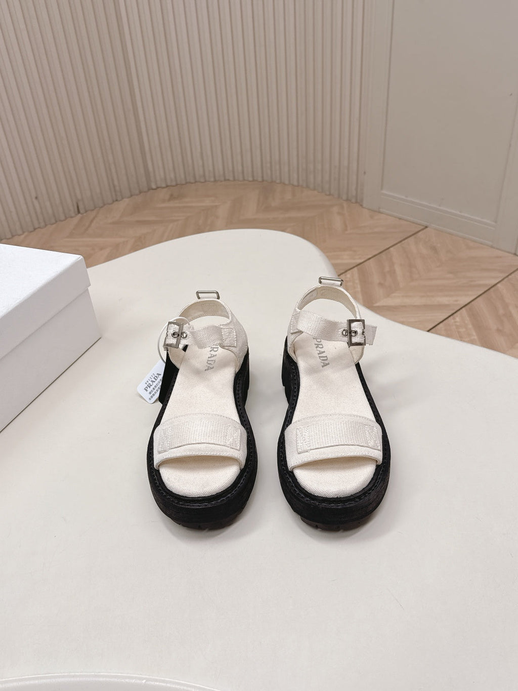 PRADA 26S SINGLE STRAP CHUNKY SOLE SANDALS IN WHITE CANVAS