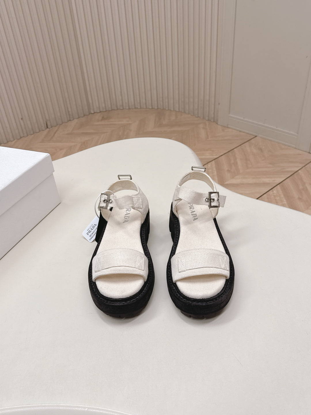 PRADA 26S SINGLE STRAP CHUNKY SOLE SANDALS IN WHITE CANVAS