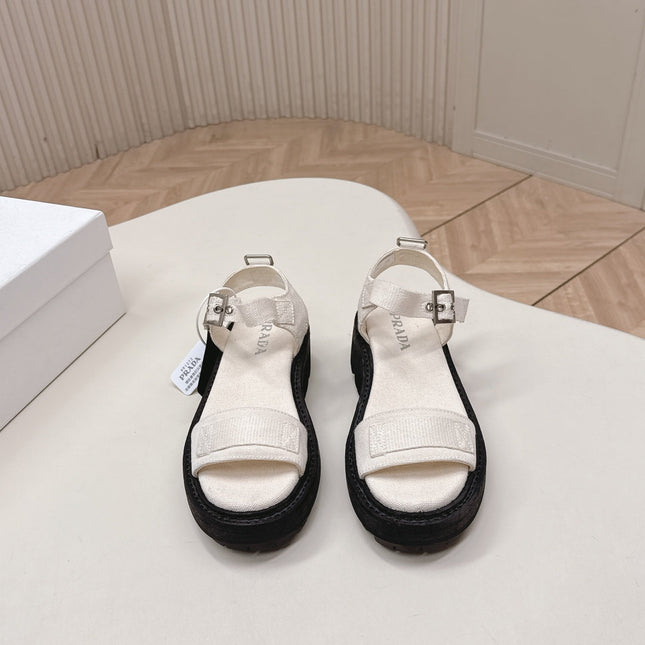 PRADA 26S SINGLE STRAP CHUNKY SOLE SANDALS IN WHITE CANVAS