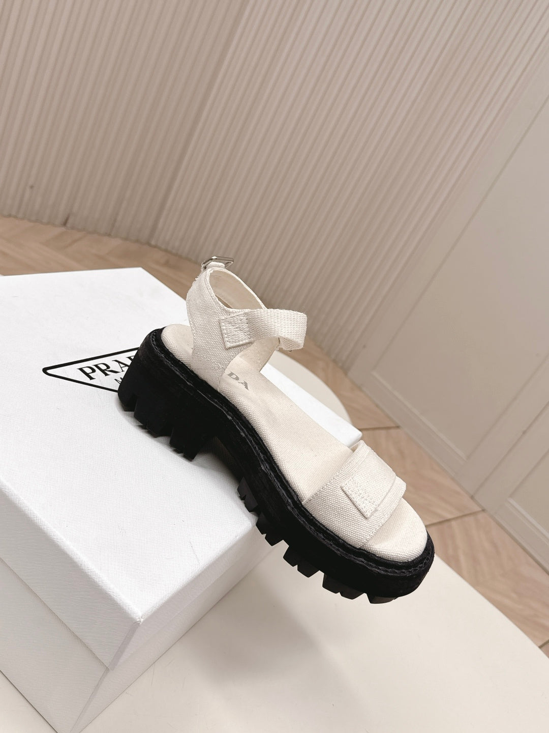 PRADA 26S SINGLE STRAP CHUNKY SOLE SANDALS IN WHITE CANVAS