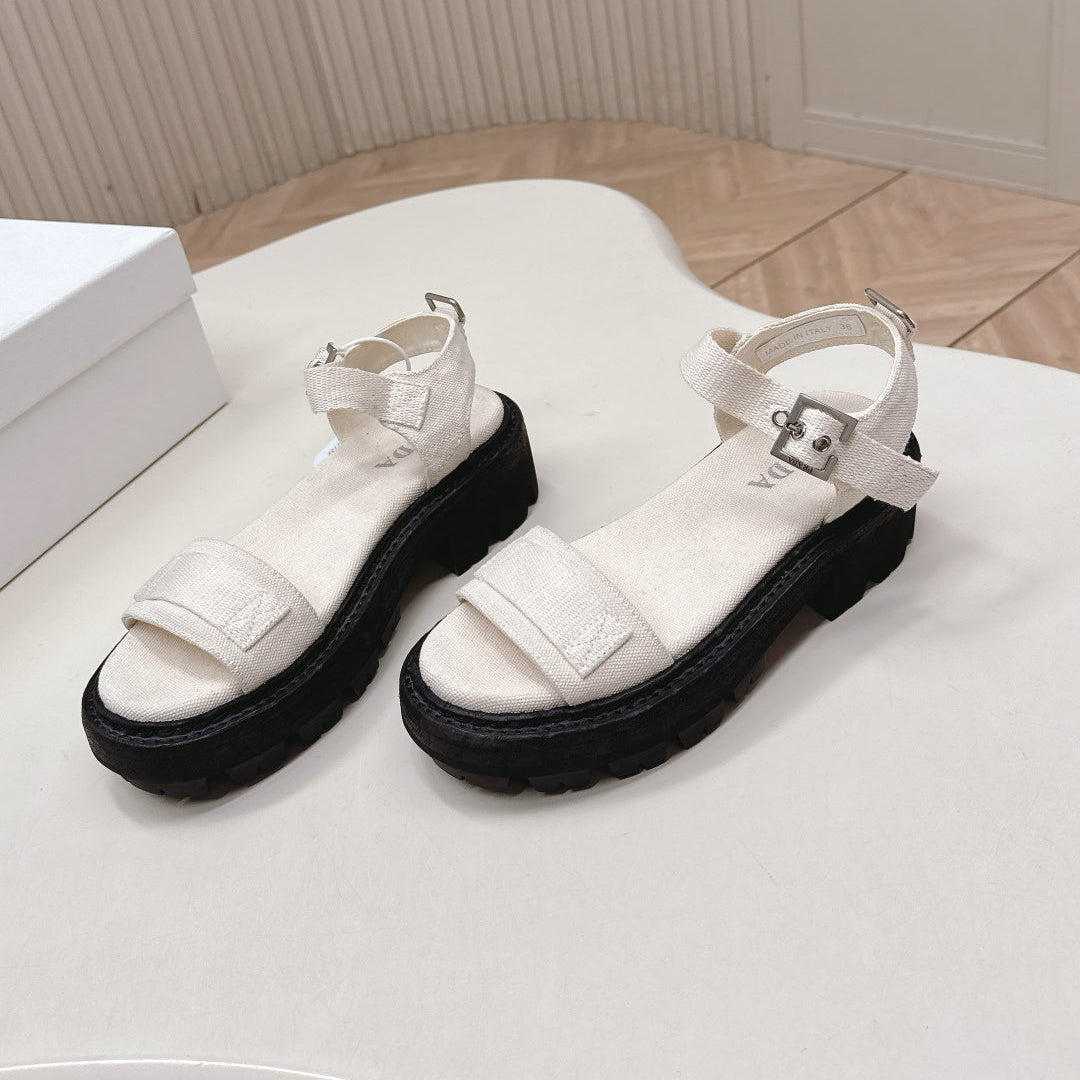 PRADA 26S SINGLE STRAP CHUNKY SOLE SANDALS IN WHITE CANVAS