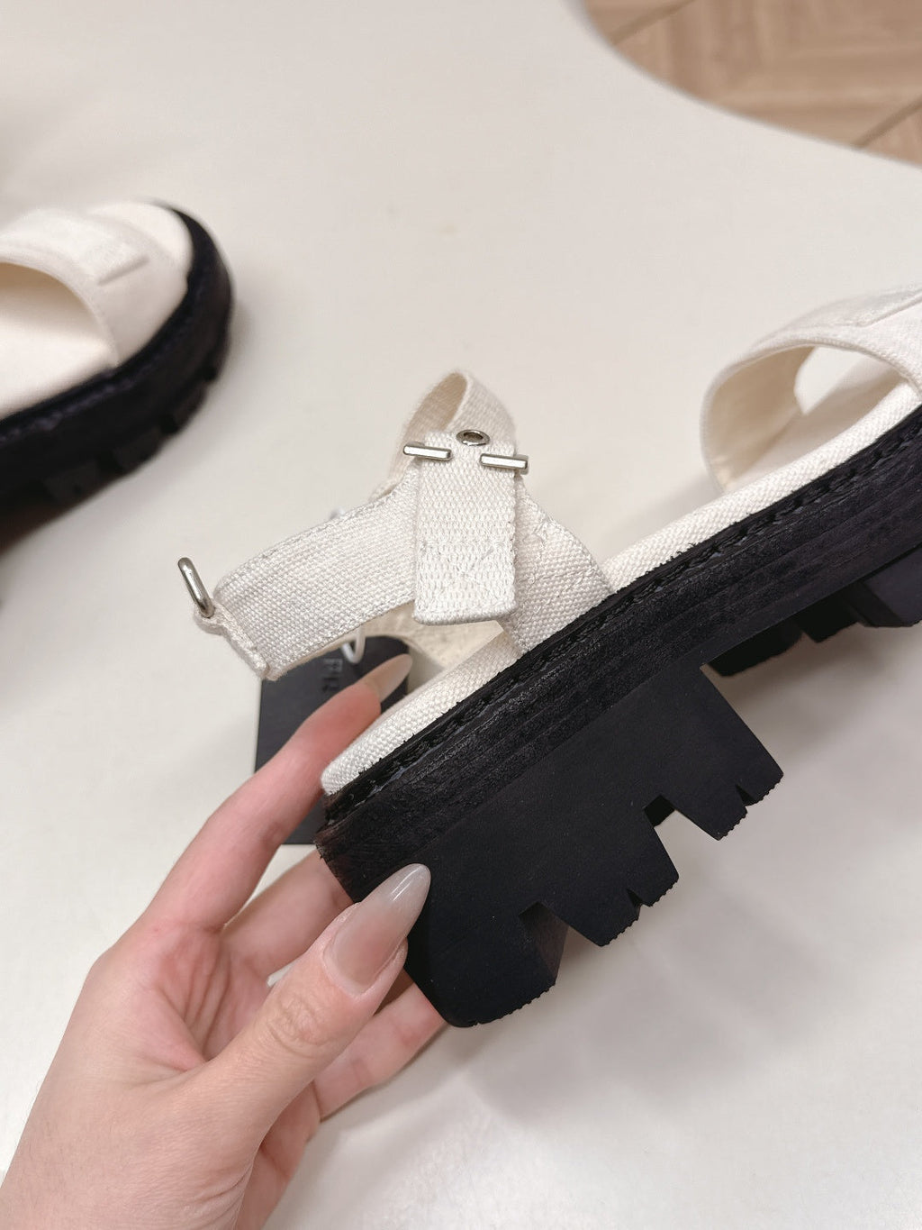 PRADA 26S SINGLE STRAP CHUNKY SOLE SANDALS IN WHITE CANVAS