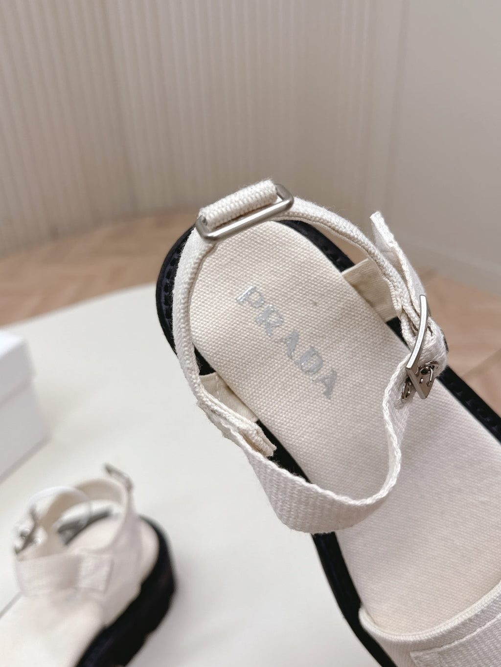 PRADA 26S SINGLE STRAP CHUNKY SOLE SANDALS IN WHITE CANVAS