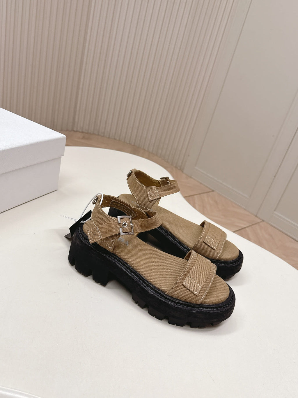 PRADA 26S SINGLE STRAP CHUNKY SOLE SANDALS IN BROWN CANVAS
