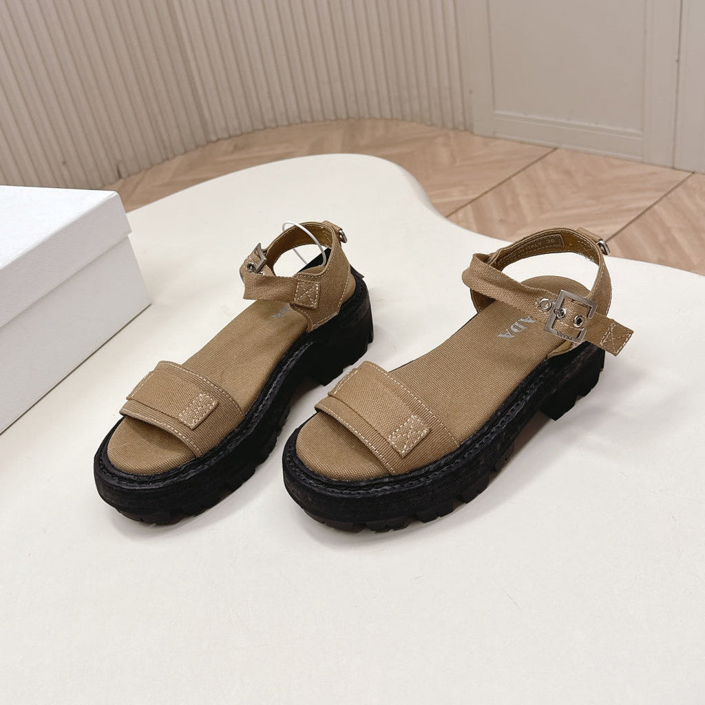 PRADA 26S SINGLE STRAP CHUNKY SOLE SANDALS IN BROWN CANVAS