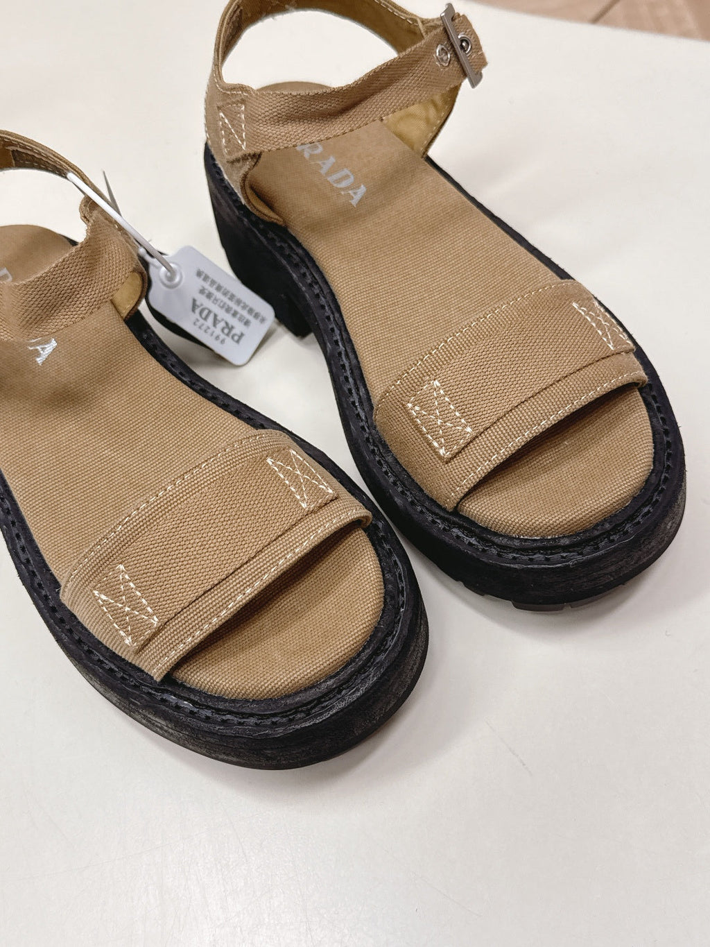 PRADA 26S SINGLE STRAP CHUNKY SOLE SANDALS IN BROWN CANVAS