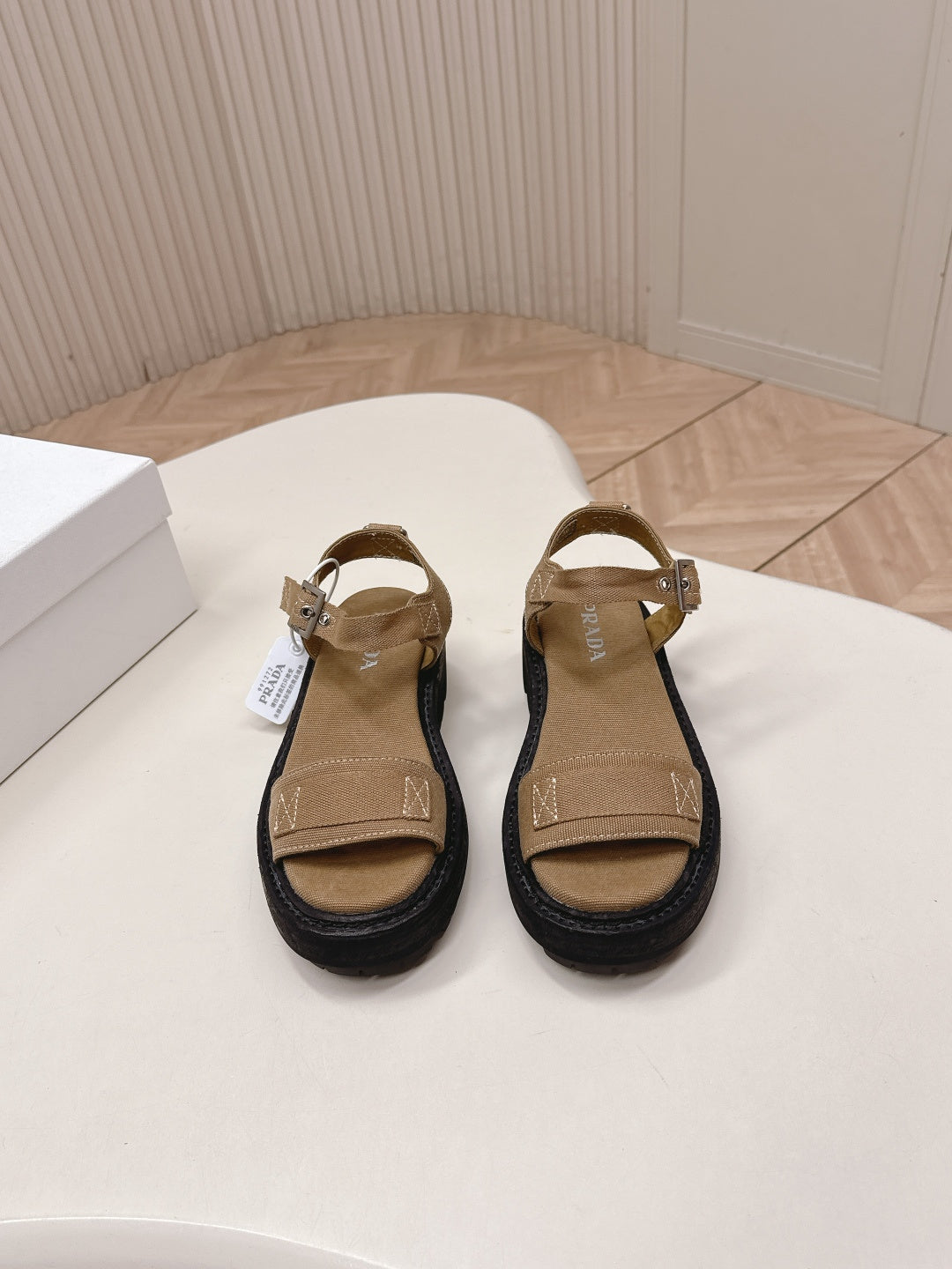 PRADA 26S SINGLE STRAP CHUNKY SOLE SANDALS IN BROWN CANVAS