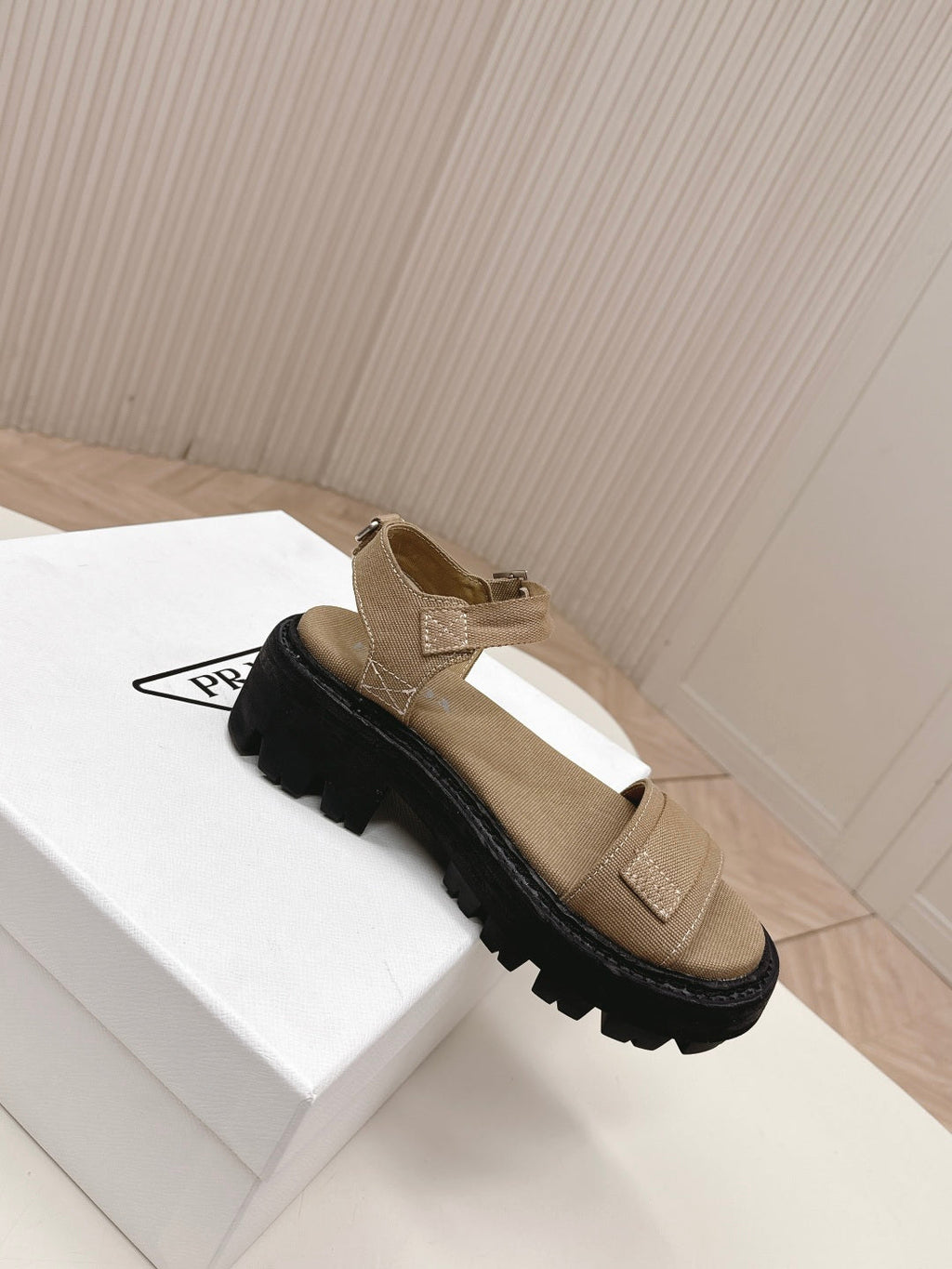 PRADA 26S SINGLE STRAP CHUNKY SOLE SANDALS IN BROWN CANVAS