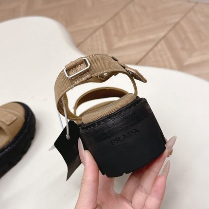 PRADA 26S SINGLE STRAP CHUNKY SOLE SANDALS IN BROWN CANVAS