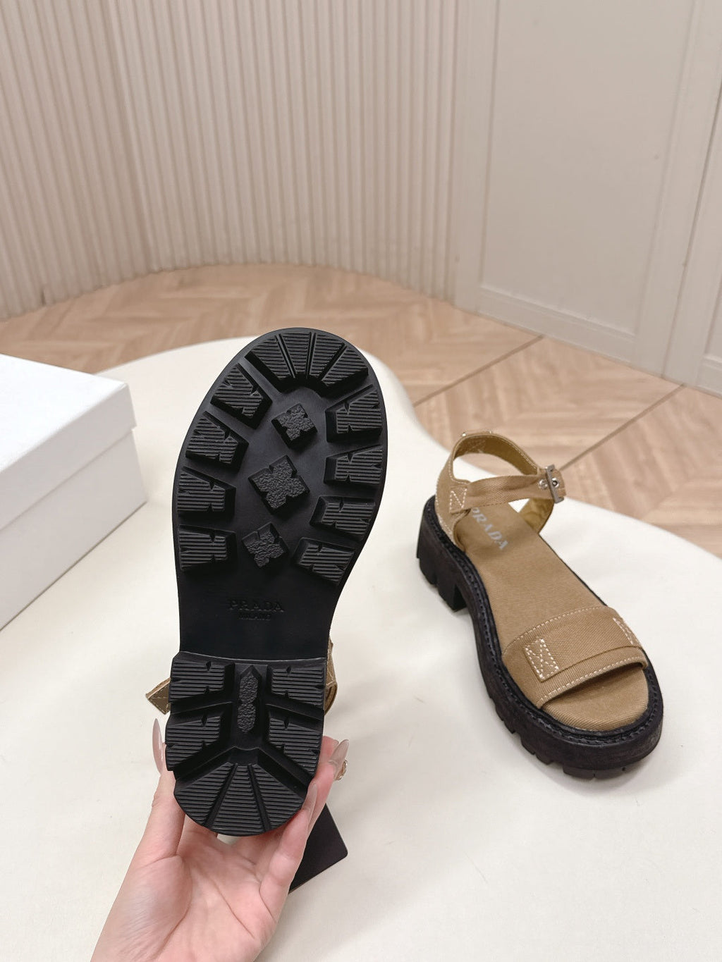 PRADA 26S SINGLE STRAP CHUNKY SOLE SANDALS IN BROWN CANVAS