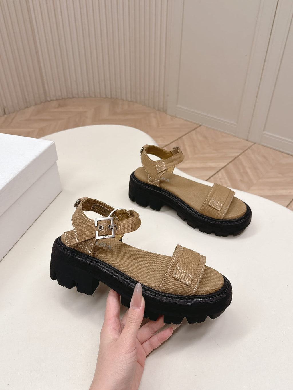PRADA 26S SINGLE STRAP CHUNKY SOLE SANDALS IN BROWN CANVAS