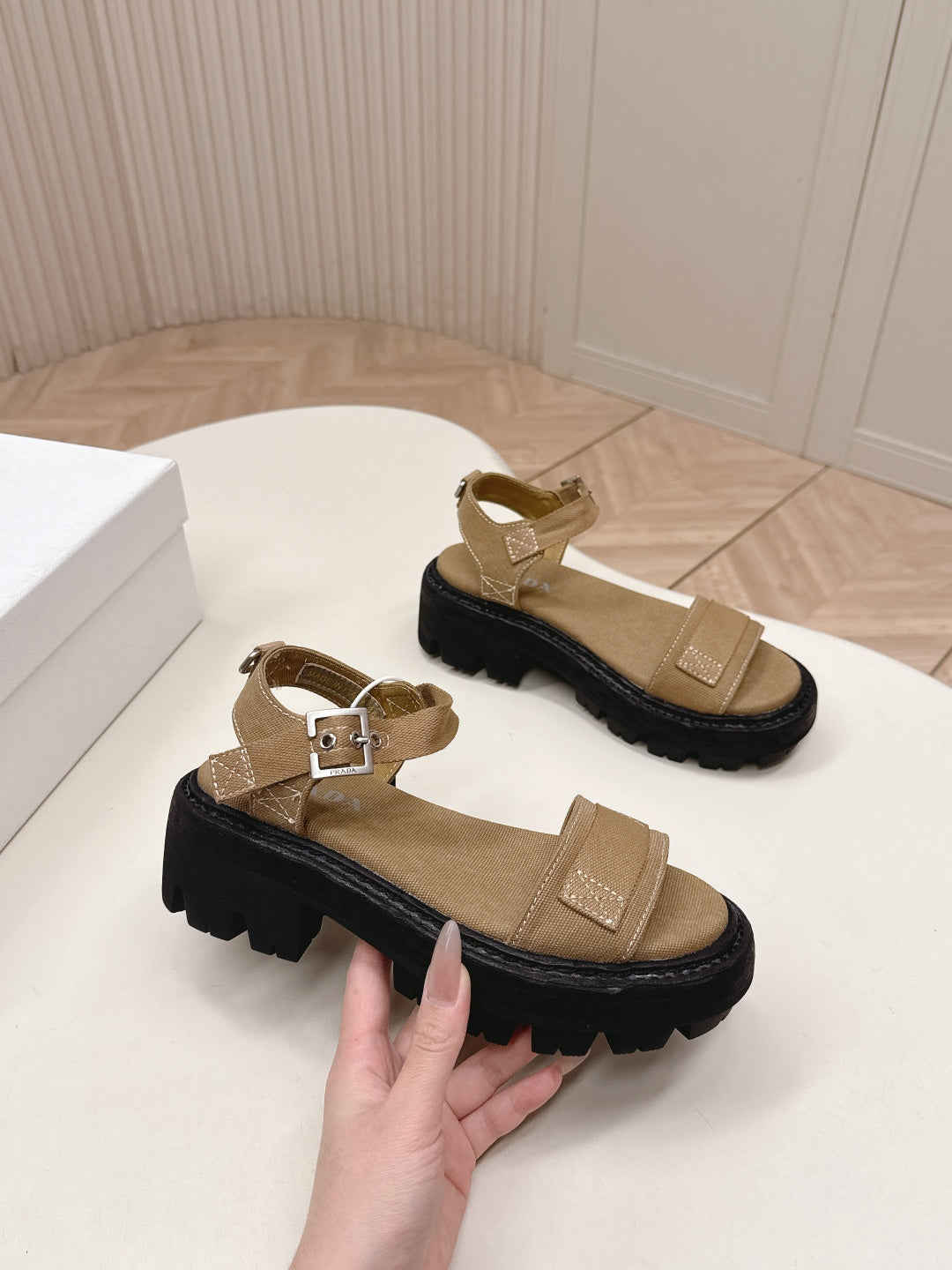 PRADA 26S SINGLE STRAP CHUNKY SOLE SANDALS IN BROWN CANVAS
