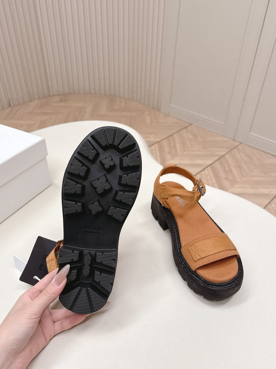 PRADA 26S SINGLE STRAP CHUNKY SOLE SANDALS IN CARAMEL BROWN CANVAS