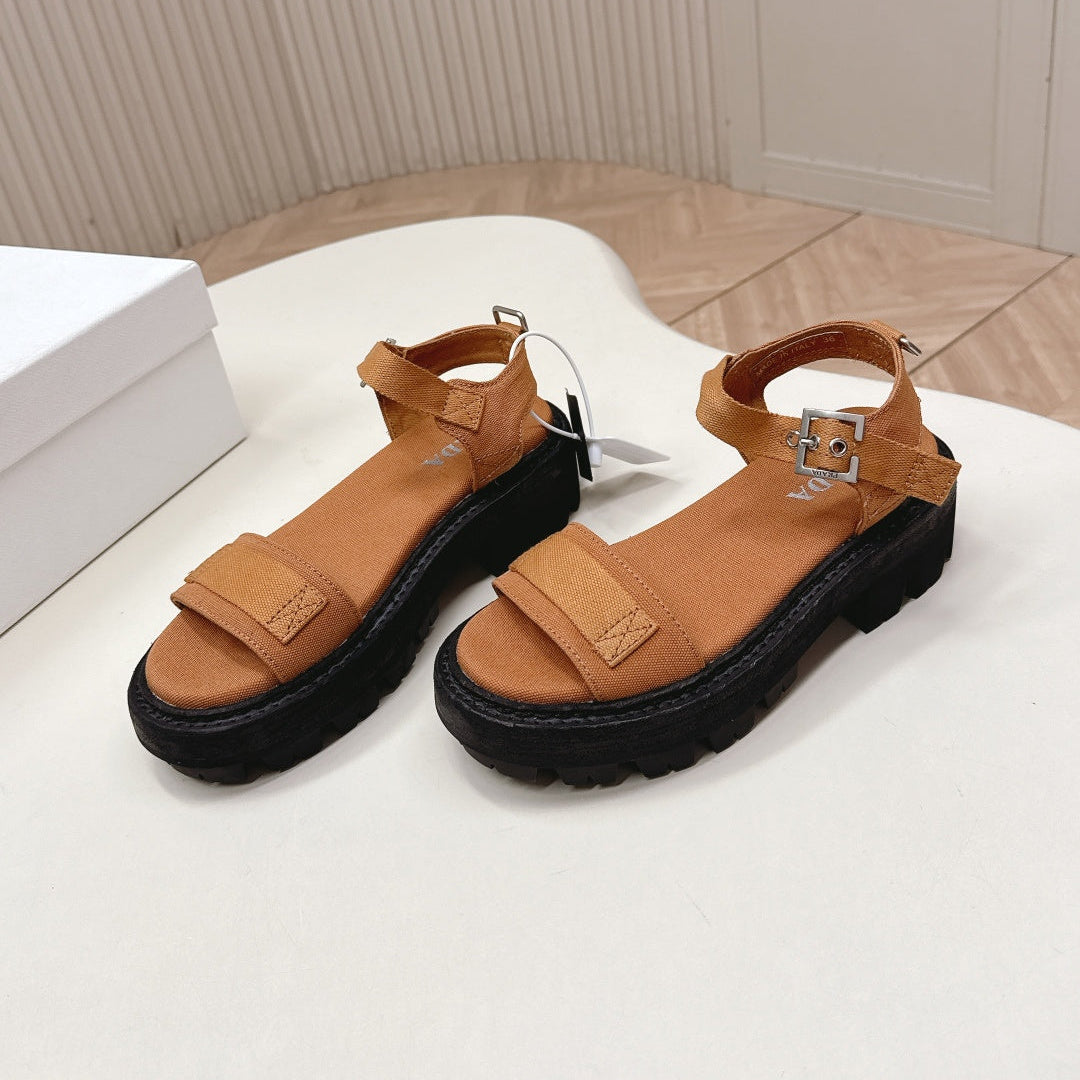 PRADA 26S SINGLE STRAP CHUNKY SOLE SANDALS IN CARAMEL BROWN CANVAS