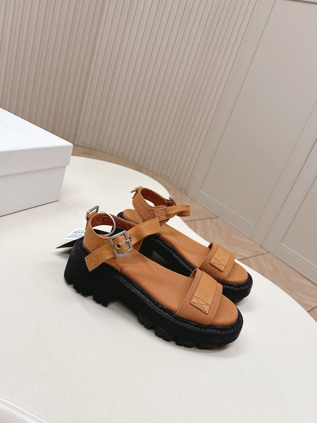 PRADA 26S SINGLE STRAP CHUNKY SOLE SANDALS IN CARAMEL BROWN CANVAS