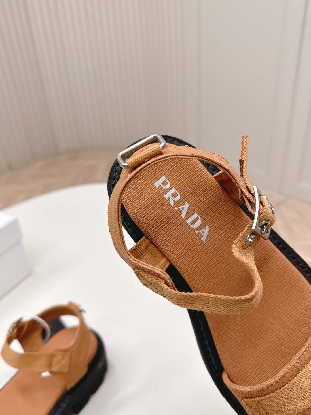 PRADA 26S SINGLE STRAP CHUNKY SOLE SANDALS IN CARAMEL BROWN CANVAS