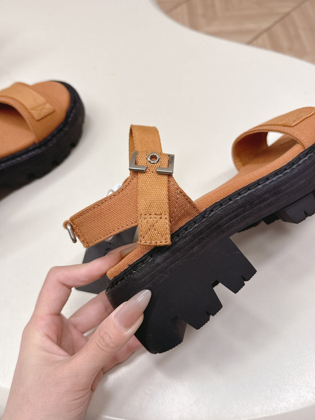 PRADA 26S SINGLE STRAP CHUNKY SOLE SANDALS IN CARAMEL BROWN CANVAS