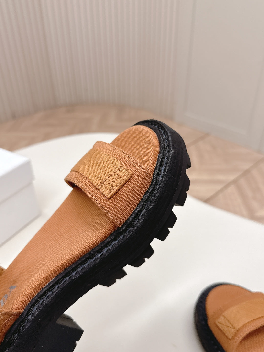 PRADA 26S SINGLE STRAP CHUNKY SOLE SANDALS IN CARAMEL BROWN CANVAS