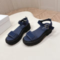 PRADA 26S SINGLE STRAP CHUNKY SOLE SANDALS IN NAVY BLUE CANVAS