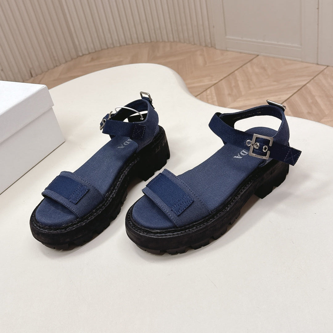 PRADA 26S SINGLE STRAP CHUNKY SOLE SANDALS IN NAVY BLUE CANVAS