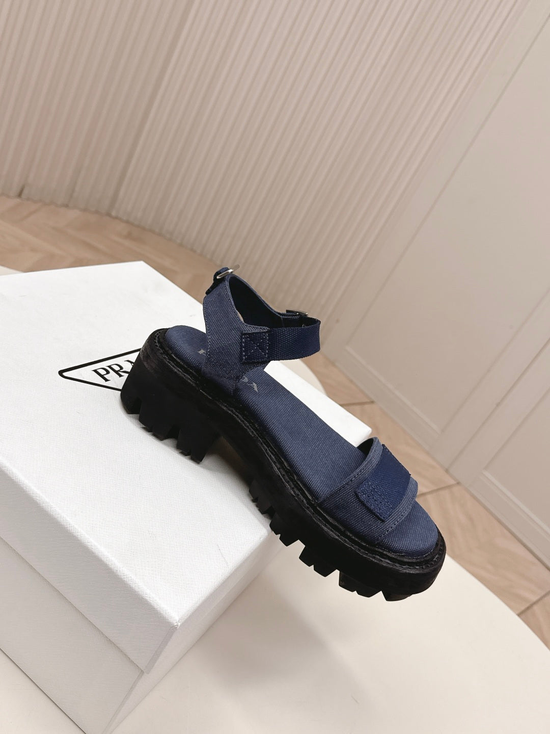 PRADA 26S SINGLE STRAP CHUNKY SOLE SANDALS IN NAVY BLUE CANVAS