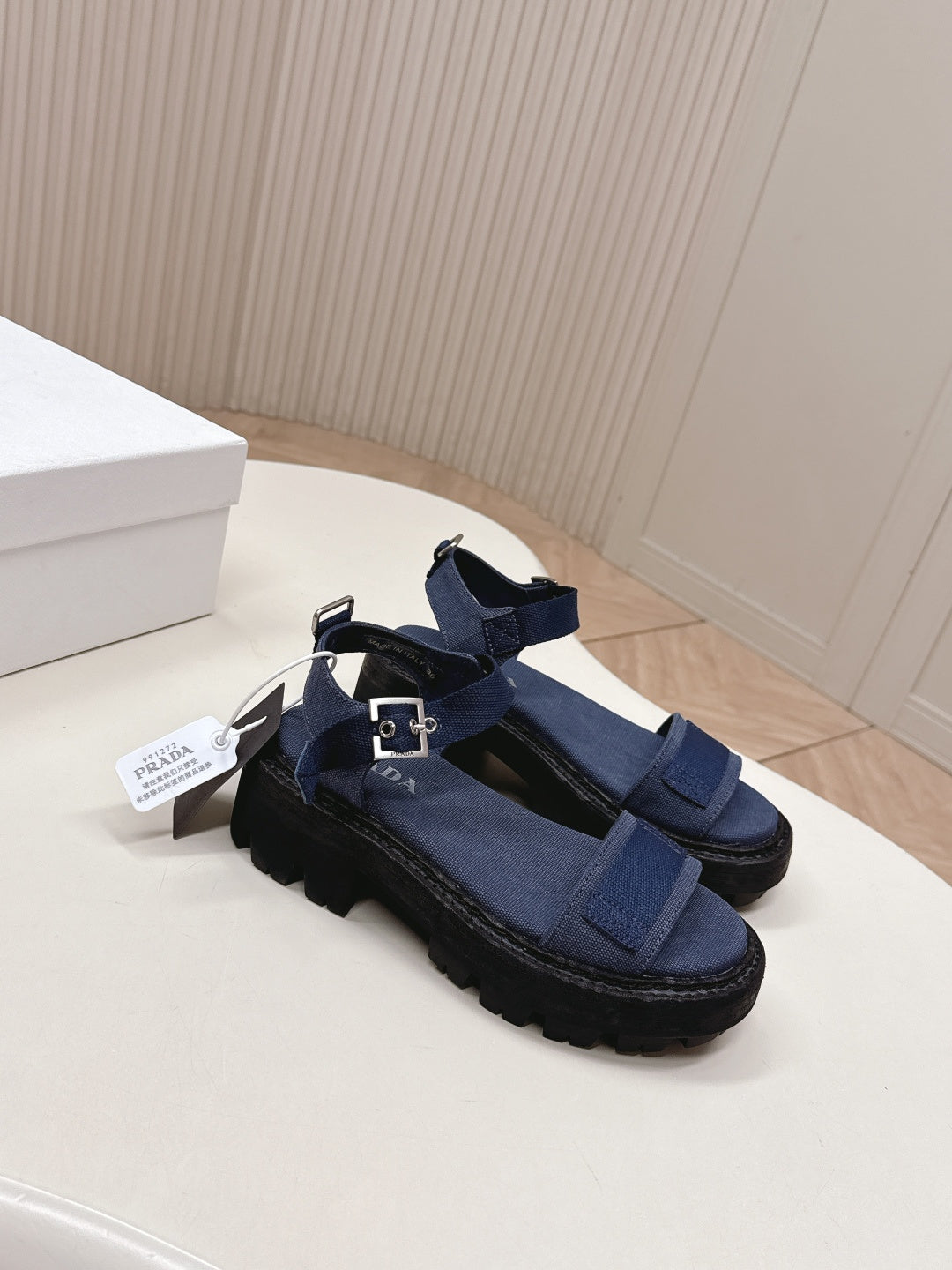 PRADA 26S SINGLE STRAP CHUNKY SOLE SANDALS IN NAVY BLUE CANVAS