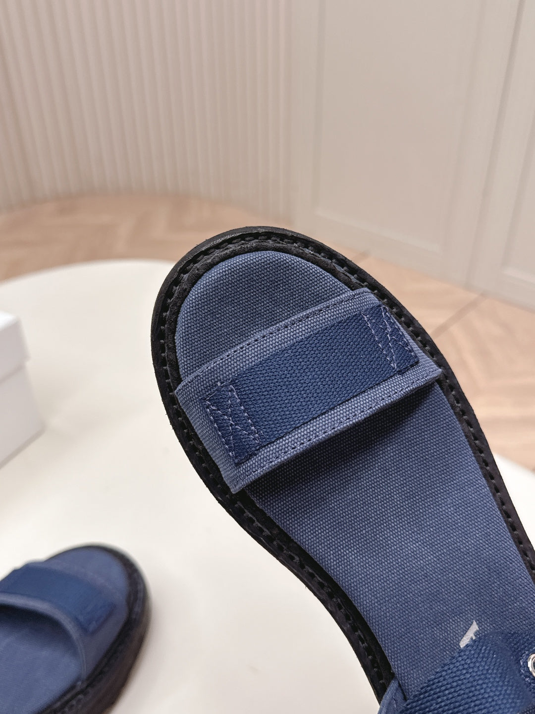 PRADA 26S SINGLE STRAP CHUNKY SOLE SANDALS IN NAVY BLUE CANVAS