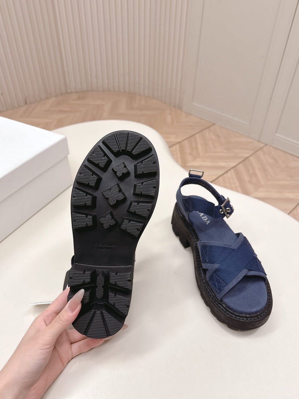 PRADA 26S SINGLE STRAP CHUNKY SOLE SANDALS IN NAVY BLUE CANVAS