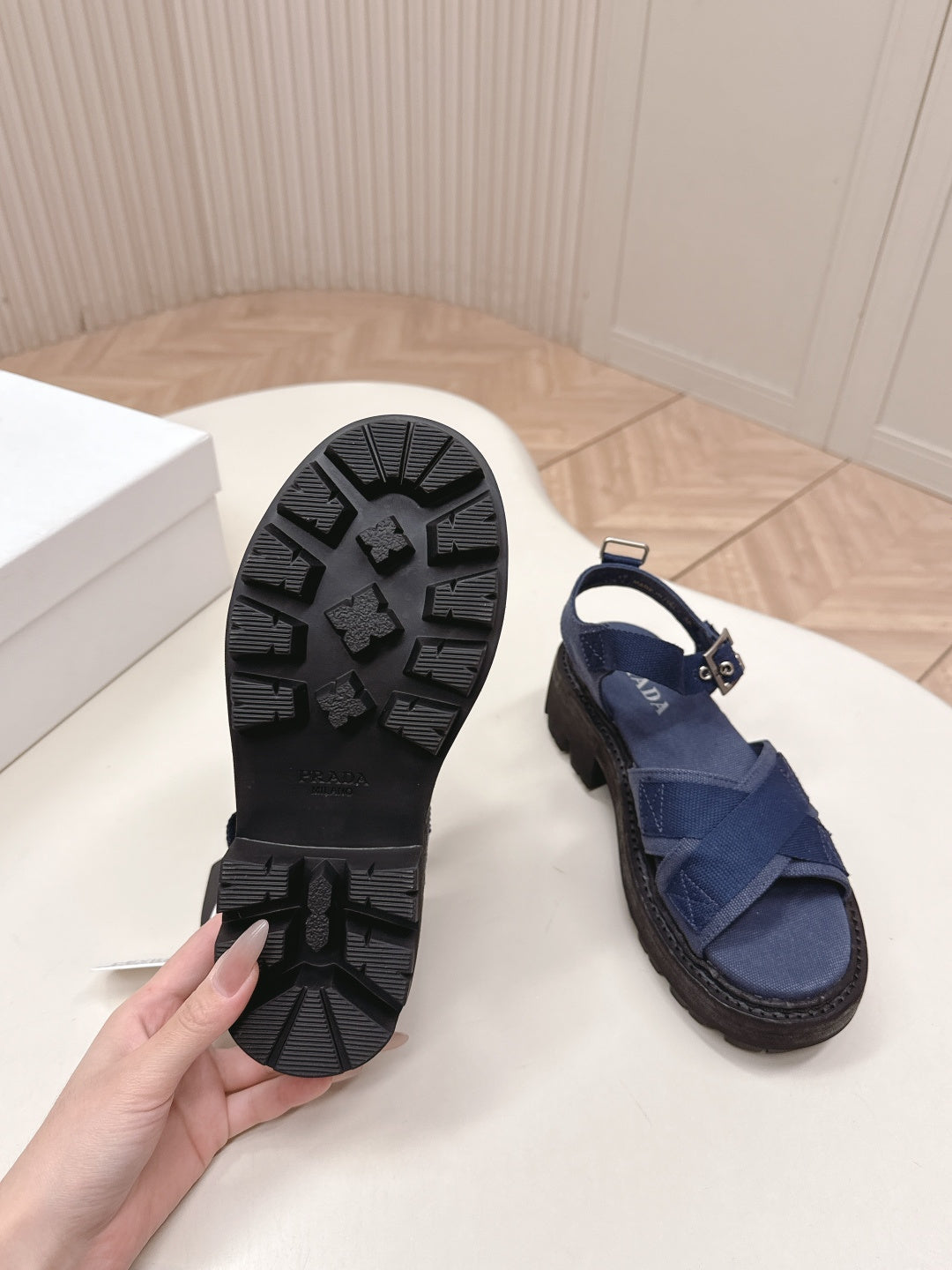 PRADA 26S SINGLE STRAP CHUNKY SOLE SANDALS IN NAVY BLUE CANVAS