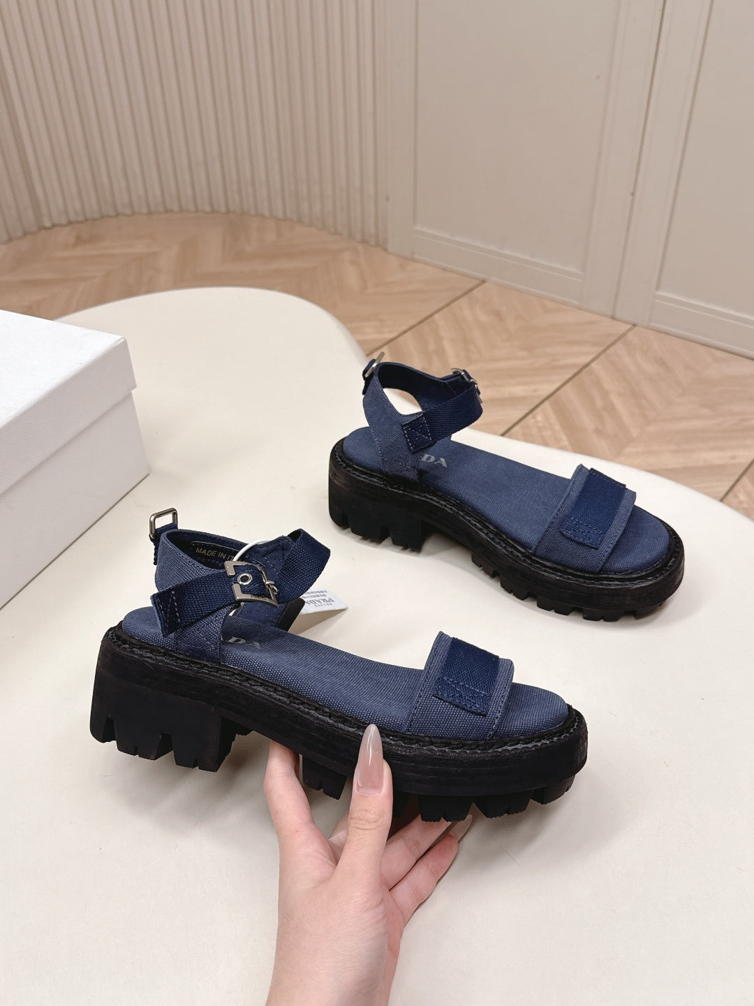 PRADA 26S SINGLE STRAP CHUNKY SOLE SANDALS IN NAVY BLUE CANVAS
