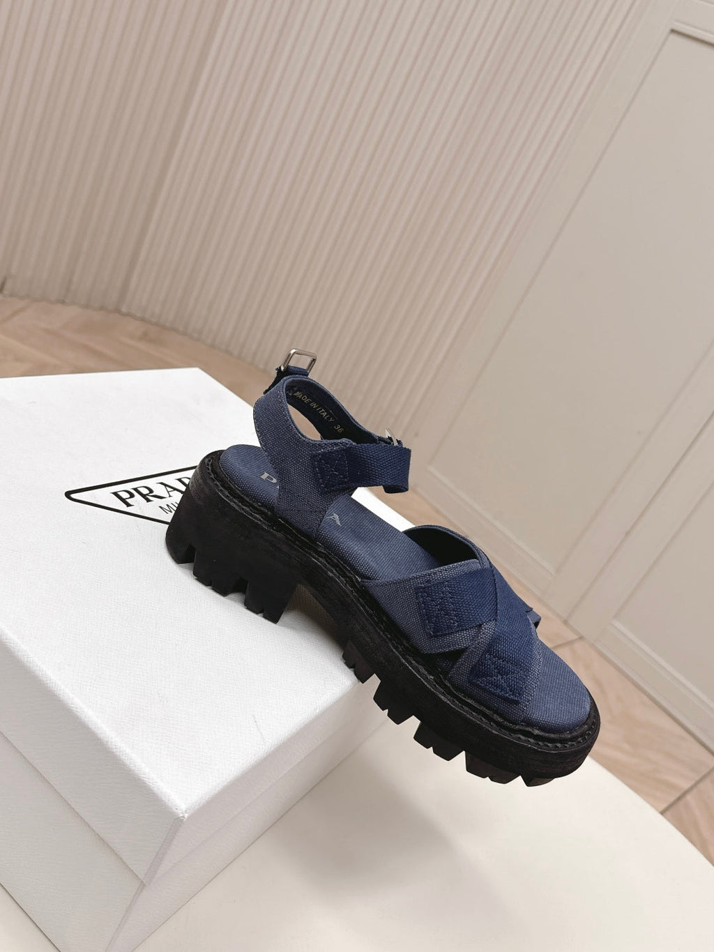 PRADA 26S CROSS STRAP CHUNKY SOLE SANDALS IN NAVY BLUE CANVAS